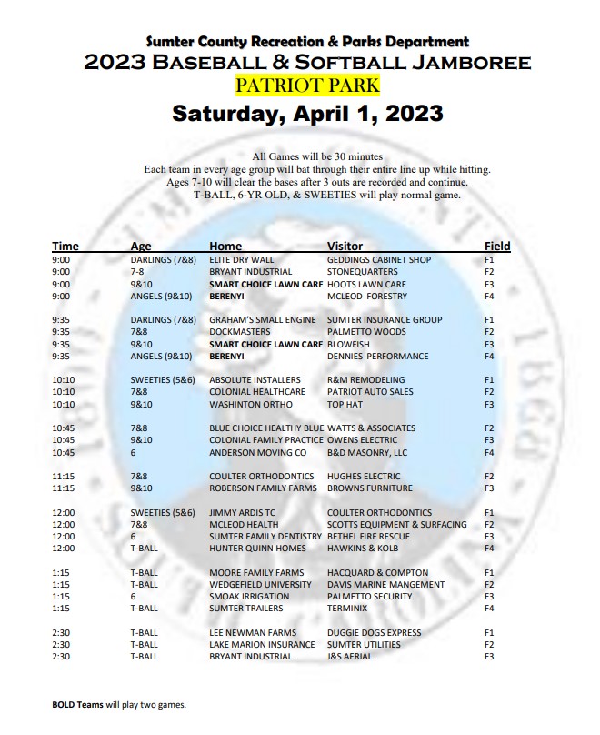 March 20 2023 Baseball Jamboree schedule 